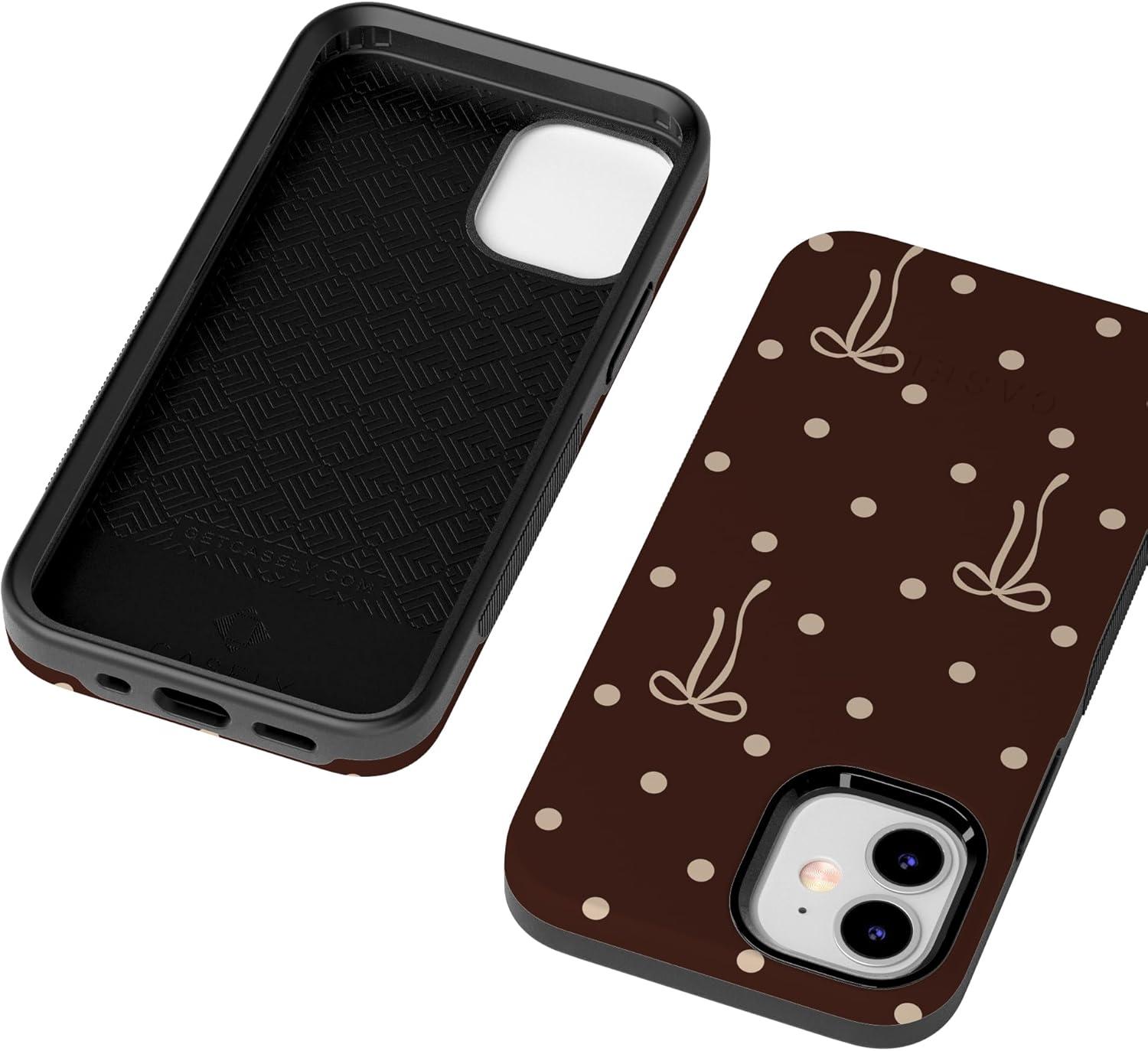 imageCasely iPhone 15 Pro Case Heart Noir Tiny Hearts Bold Protective Design MagSafe Compatible DesignTeddy Bows Brown Polka Dot