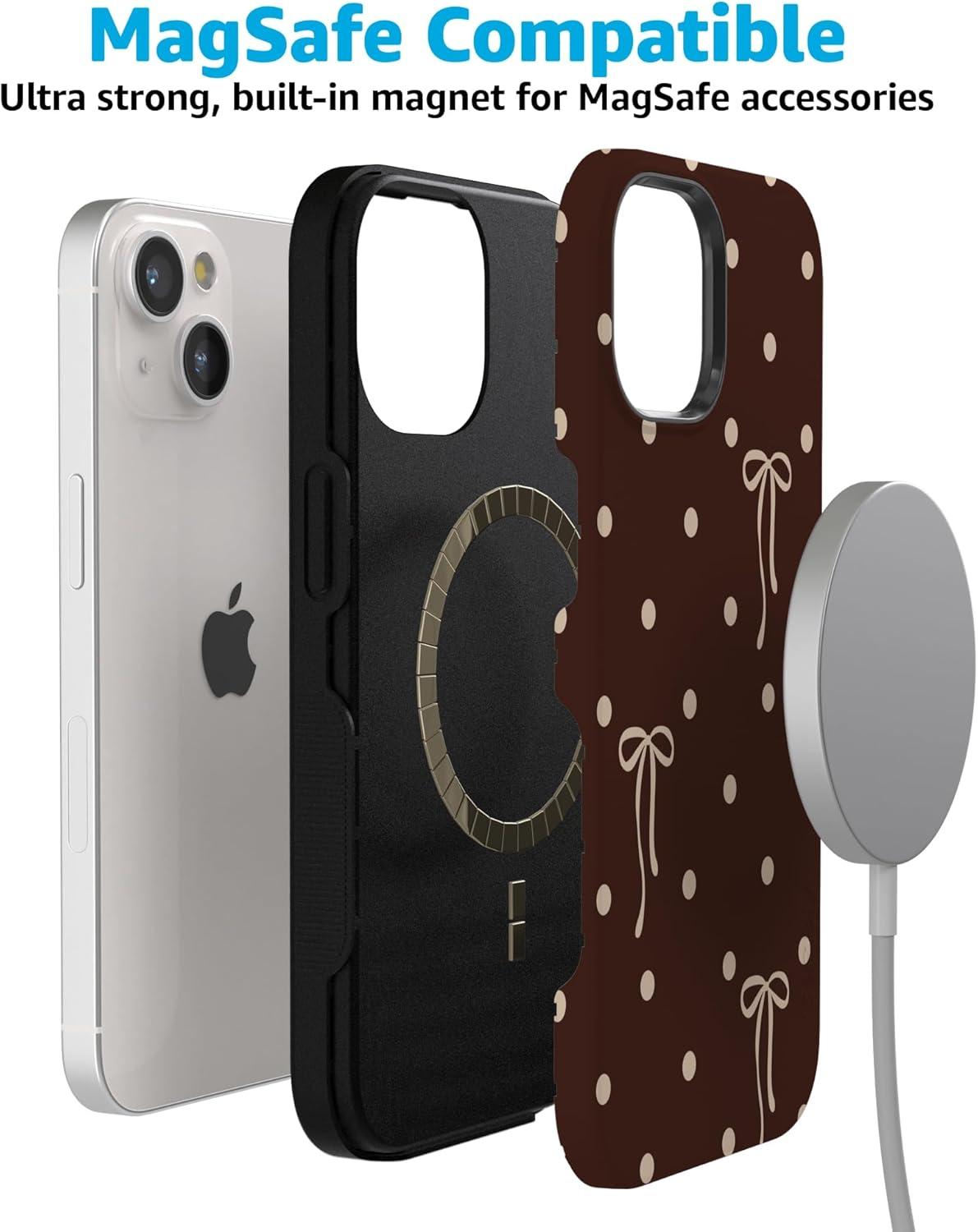 imageCasely iPhone 15 Pro Case Heart Noir Tiny Hearts Bold Protective Design MagSafe Compatible DesignTeddy Bows Brown Polka Dot