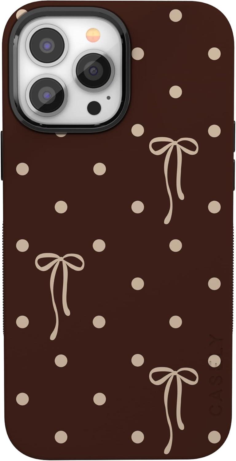 imageCasely iPhone 15 Pro Case Heart Noir Tiny Hearts Bold Protective Design MagSafe Compatible DesignTeddy Bows Brown Polka Dot