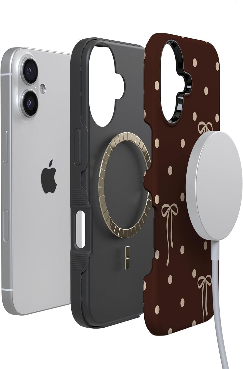 imageCasely iPhone 15 Pro Case Heart Noir Tiny Hearts Bold Protective Design MagSafe Compatible DesignTeddy Bows Brown Polka Dot