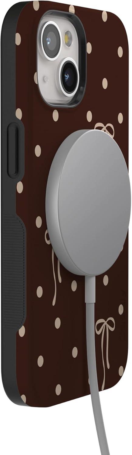 imageCasely iPhone 15 Pro Case Heart Noir Tiny Hearts Bold Protective Design MagSafe Compatible DesignTeddy Bows Brown Polka Dot