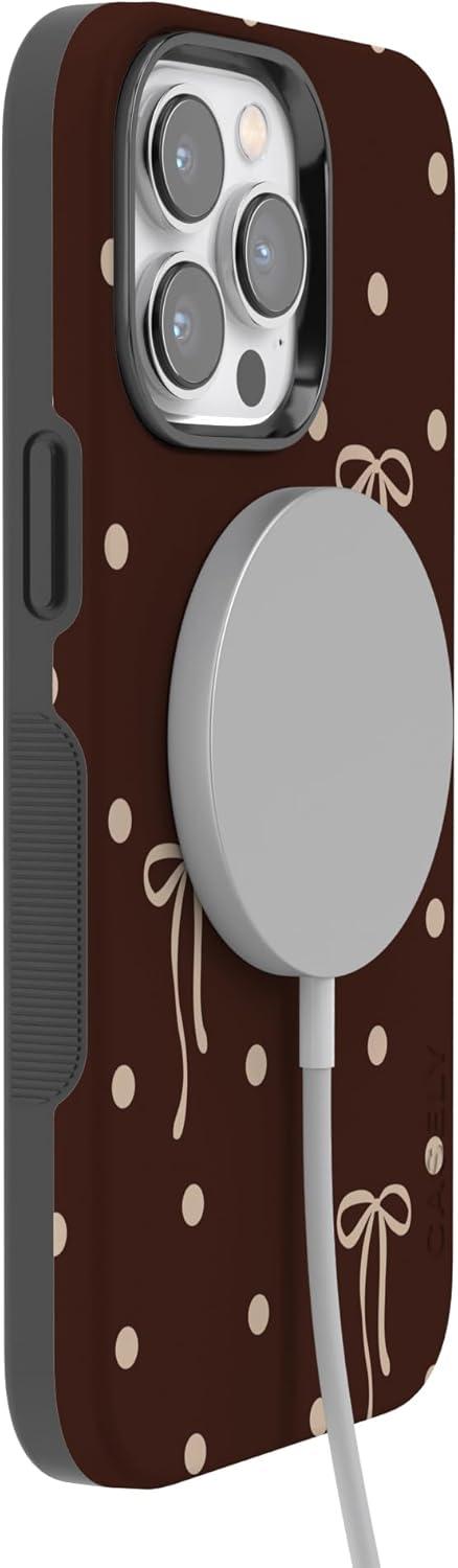 imageCasely iPhone 15 Pro Case Heart Noir Tiny Hearts Bold Protective Design MagSafe Compatible DesignTeddy Bows Brown Polka Dot