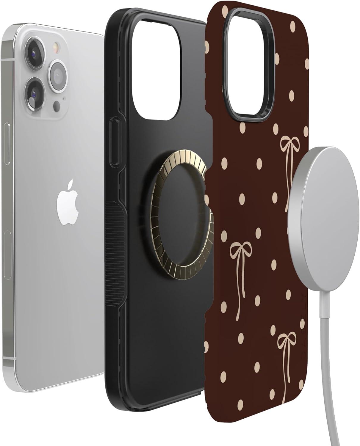 imageCasely iPhone 15 Pro Case Heart Noir Tiny Hearts Bold Protective Design MagSafe Compatible DesignTeddy Bows Brown Polka Dot