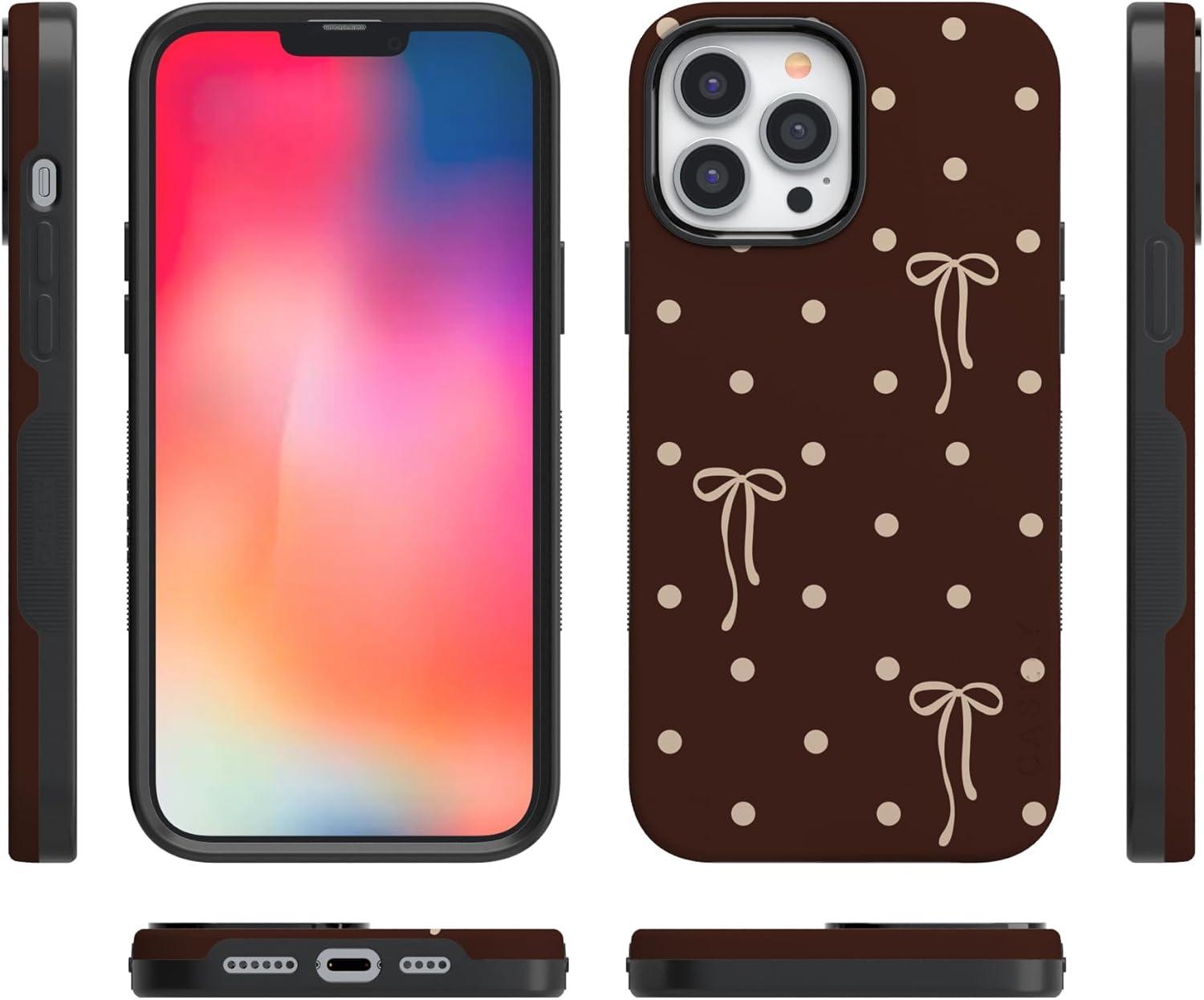 imageCasely iPhone 15 Pro Case Heart Noir Tiny Hearts Bold Protective Design MagSafe Compatible DesignTeddy Bows Brown Polka Dot