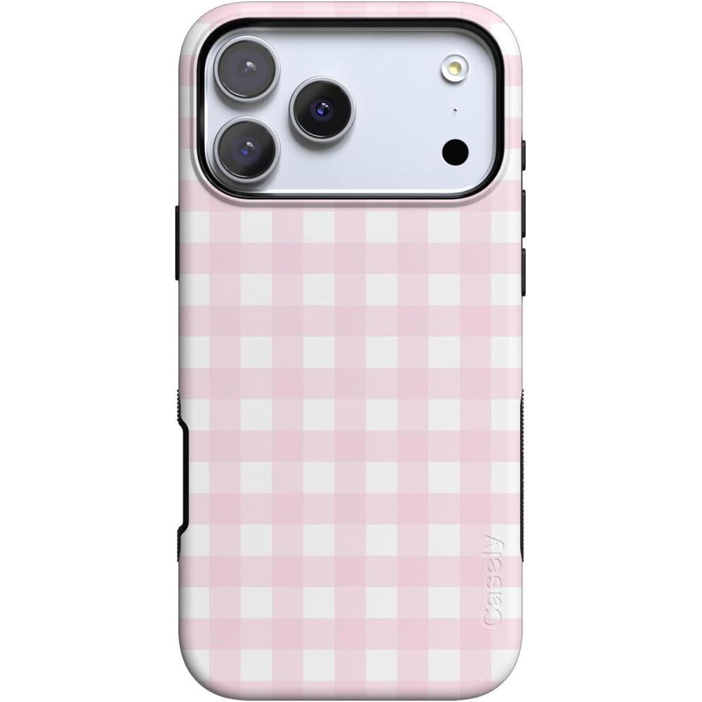 imageCasely iPhone 17 Pro Case  All Decked Out  Festive Ornaments  Bold Protective Design  Compatible with MagSafePink and White Gingham  Sunday Best