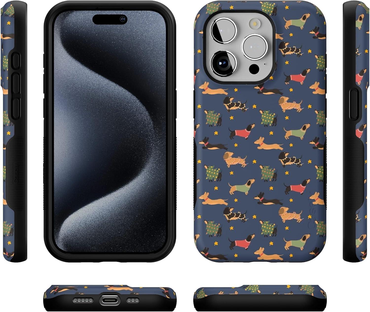 imageCasely iPhone 15 Pro Case Dashing Doxies Dachshund Dog Bold Protective Design MagSafe Compatible Design