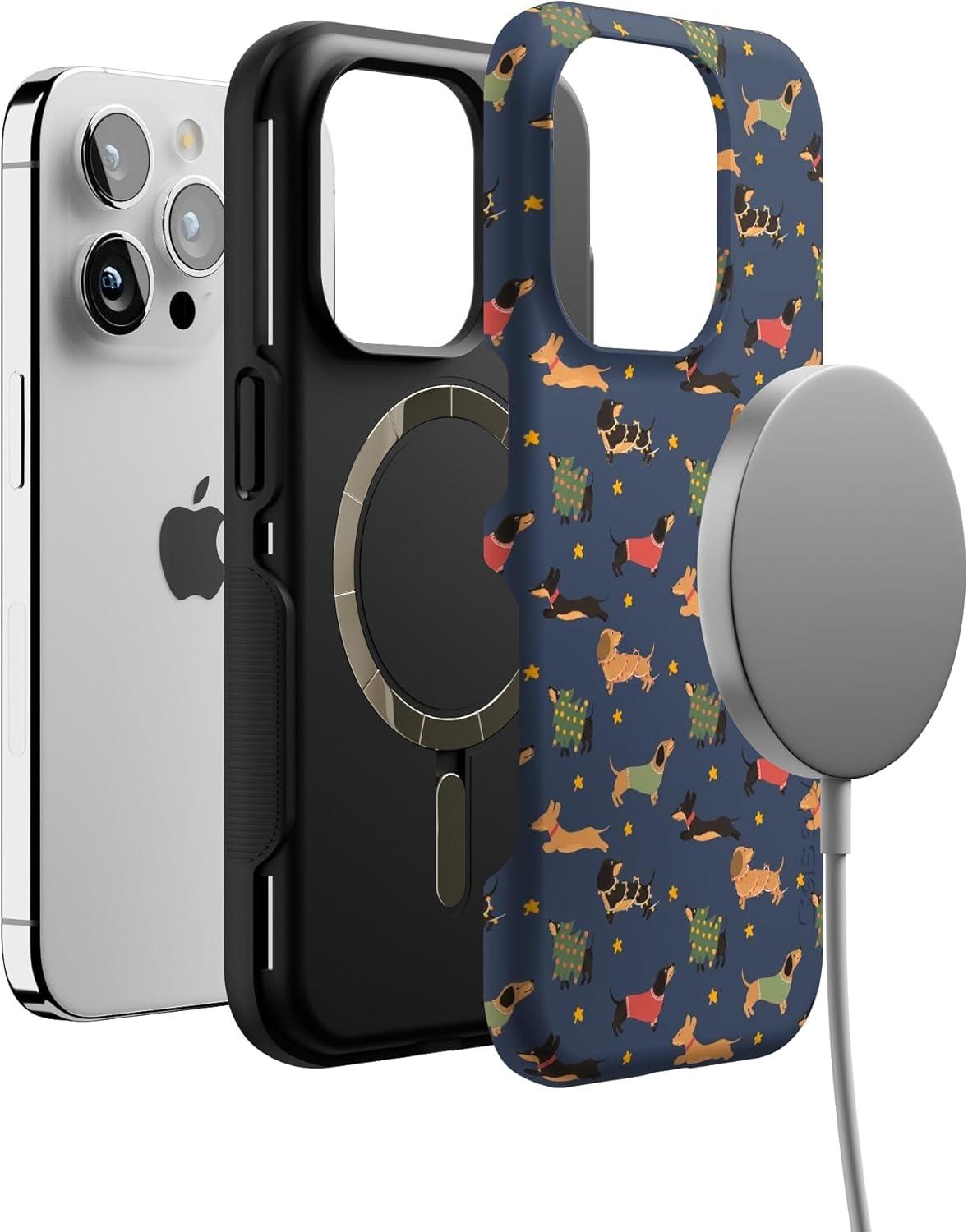 imageCasely iPhone 15 Pro Case Dashing Doxies Dachshund Dog Bold Protective Design MagSafe Compatible Design