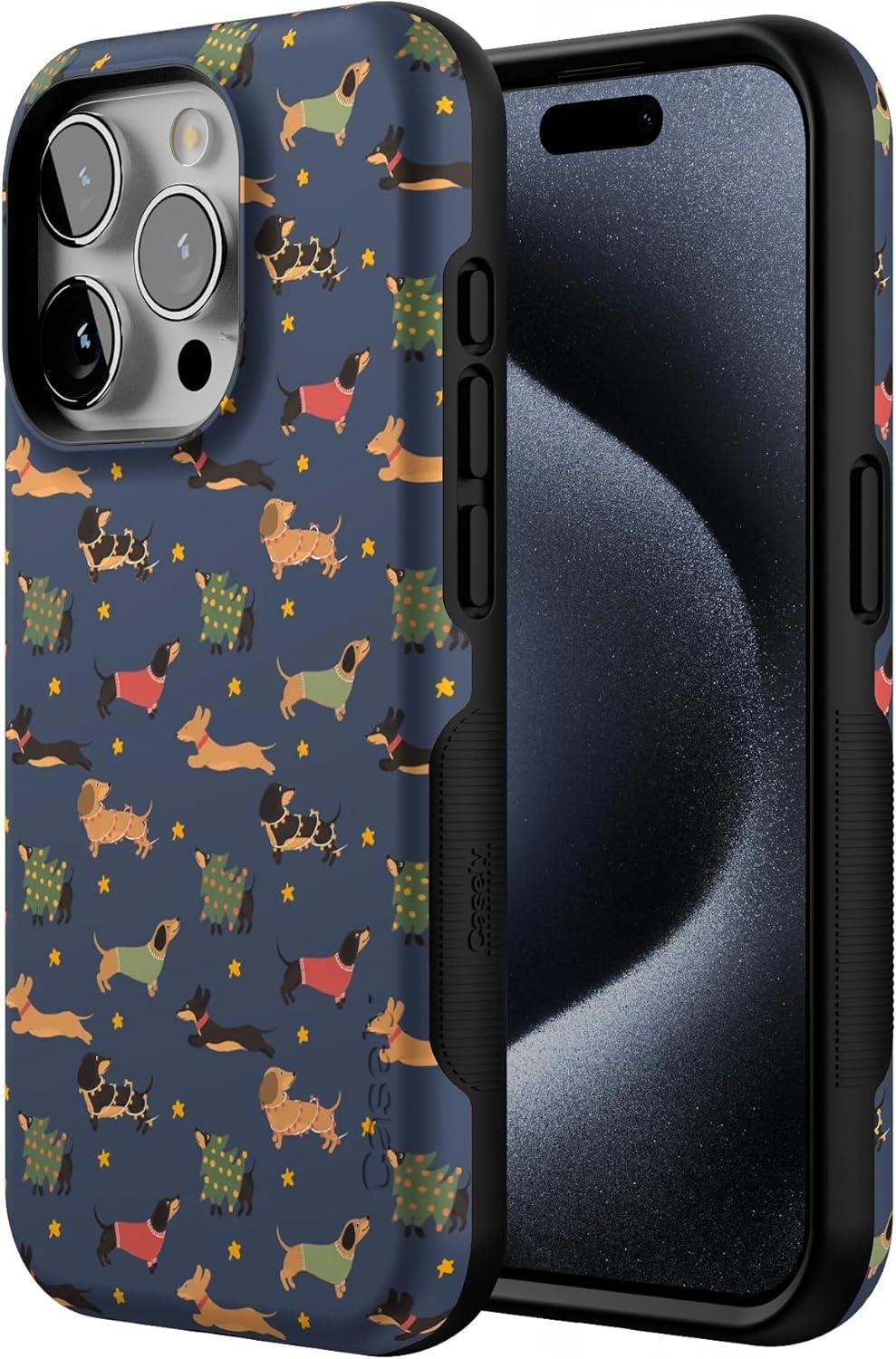 imageCasely iPhone 15 Pro Case Dashing Doxies Dachshund Dog Bold Protective Design MagSafe Compatible Design