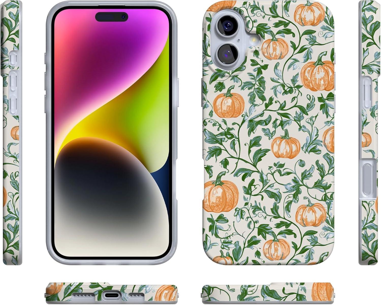 imageCasely iPhone 16 Case Nantucket Cottage Blue Hydrangea Compatible with MagSafe Classic Ultra Slim DesignPumpkin Patch Green Vines