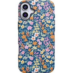 Casely iPhone 16 Case | All Smiles | Smiley Face Sticker | Bold Protective Design | MagSafe Compatible Design(Full Bloom | Navy Floral)
