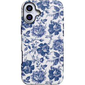 Casely iPhone 16 Plus Case | Twilight Flora | Moody Monochrome | Bold Protective Design | Compatible with MagSafe(Rose to Fame | Blue & White Rose Floral)