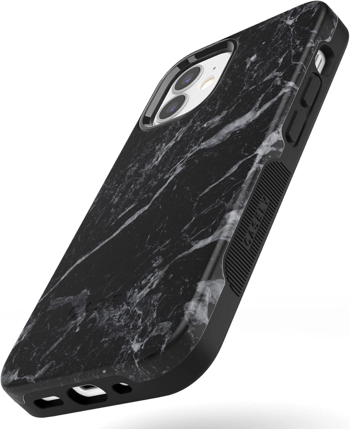 imageCasely iPhone 12 Mini Case Dark Fantasy Contrast Floral Bold Protective Design Compatible with MagSafeBlack Marble
