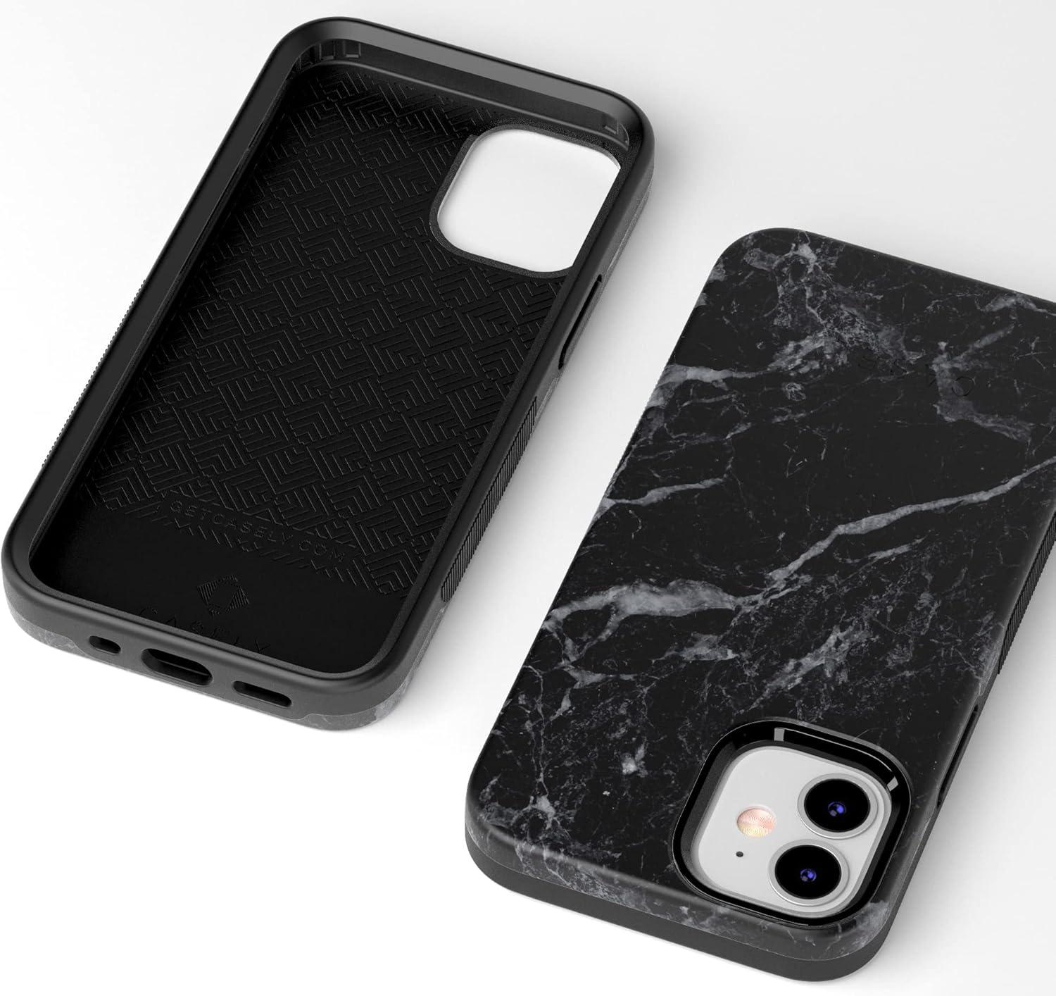 imageCasely iPhone 12 Mini Case Dark Fantasy Contrast Floral Bold Protective Design Compatible with MagSafeBlack Marble