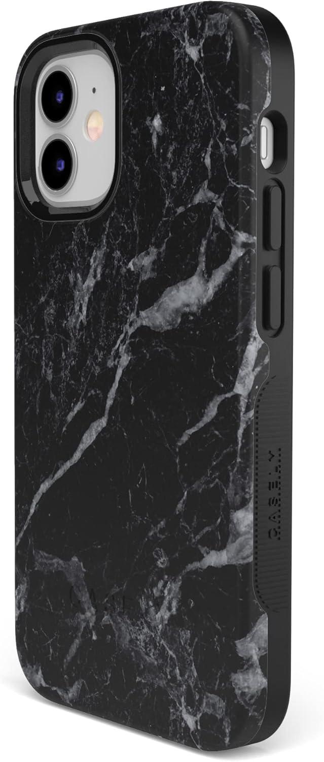 imageCasely iPhone 12 Mini Case Dark Fantasy Contrast Floral Bold Protective Design Compatible with MagSafeBlack Marble