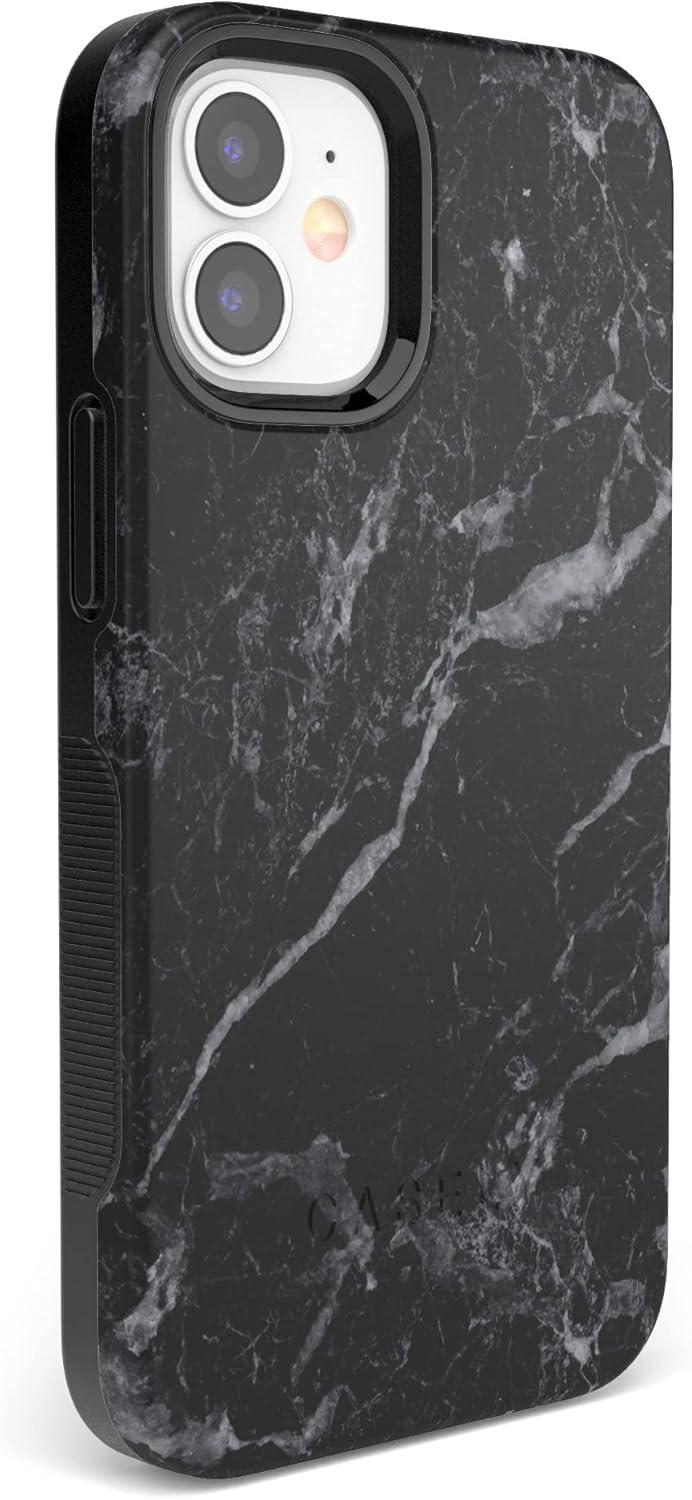 imageCasely iPhone 12 Mini Case Dark Fantasy Contrast Floral Bold Protective Design Compatible with MagSafeBlack Marble