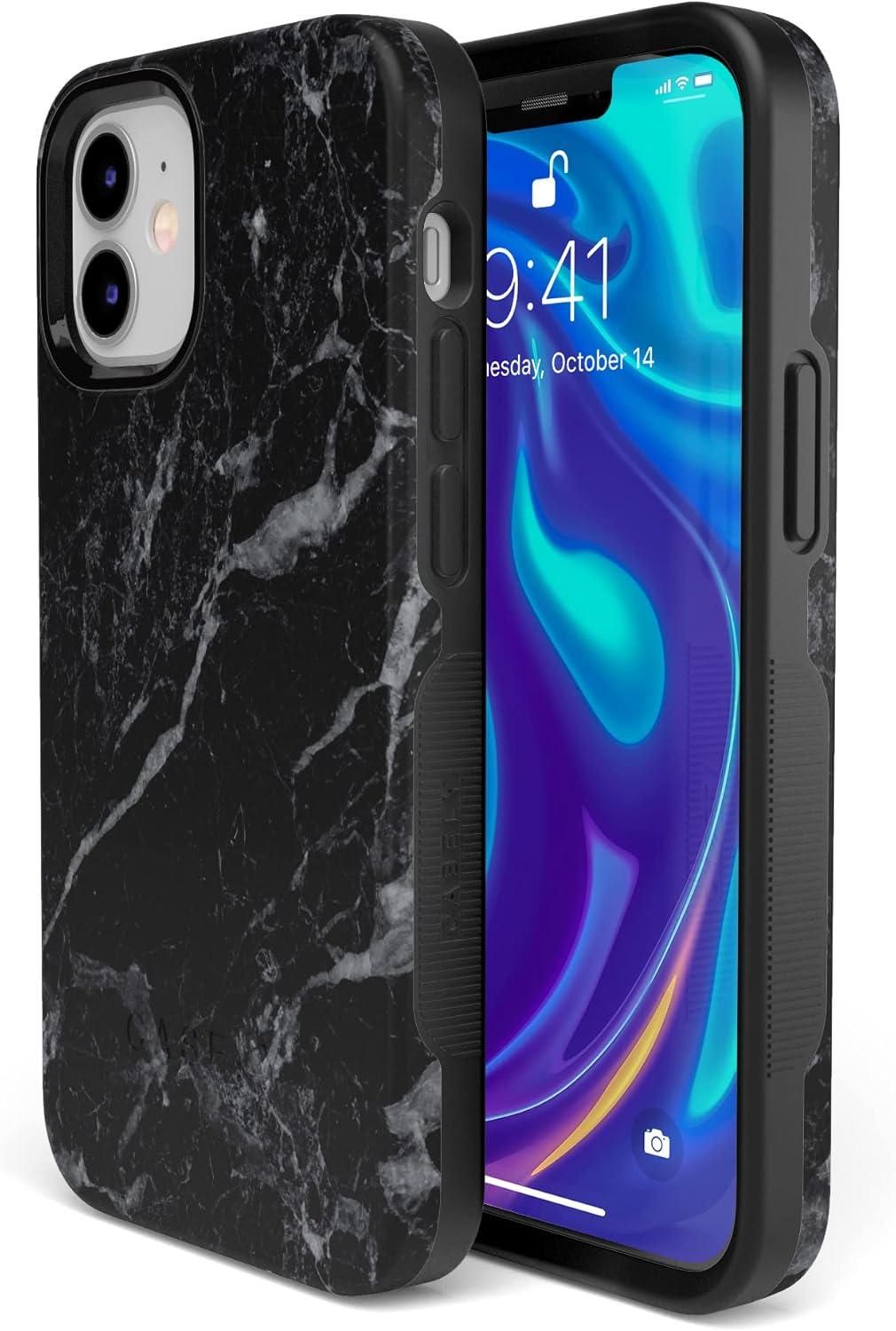 imageCasely iPhone 12 Mini Case Dark Fantasy Contrast Floral Bold Protective Design Compatible with MagSafeBlack Marble