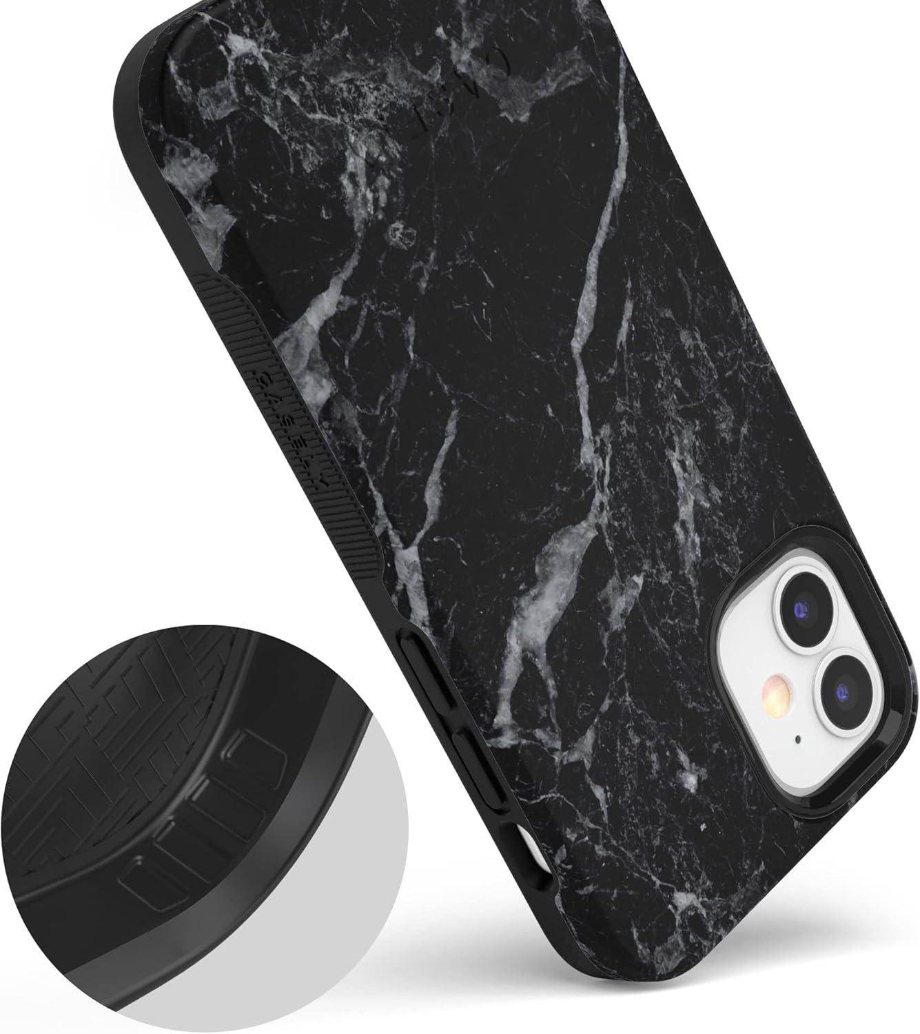 imageCasely iPhone 12 Mini Case Dark Fantasy Contrast Floral Bold Protective Design Compatible with MagSafeBlack Marble