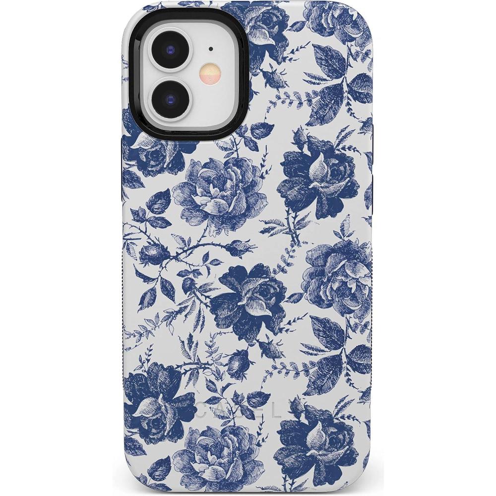 imageCasely iPhone 12 Mini Case  Dark Fantasy  Contrast Floral  Bold Protective Design  Compatible with MagSafeRose to Fame  Blue  White Rose Floral