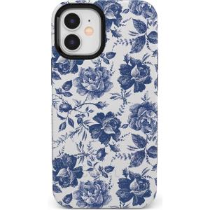 Casely iPhone 12 Mini Case | Dark Fantasy | Contrast Floral | Bold Protective Design | Compatible with MagSafe(Rose to Fame | Blue & White Rose Floral)