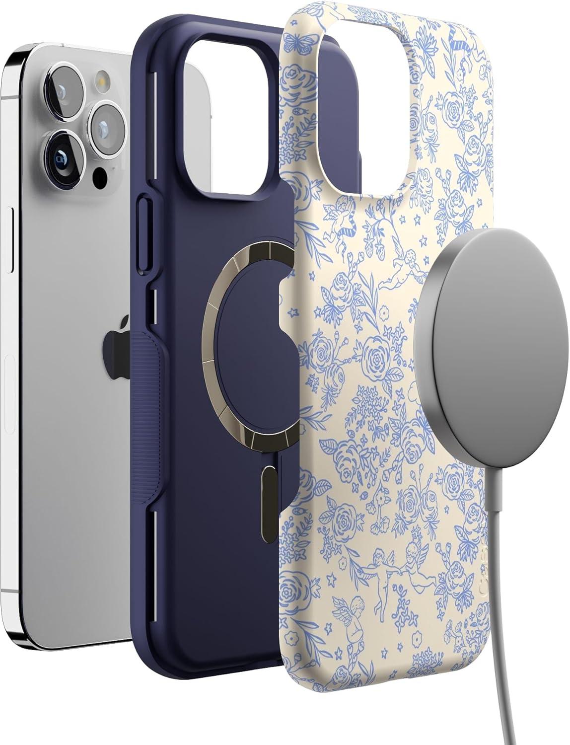 imageCasely iPhone 13 Pro Max Case Falling for You Plum Floral Bold Protective Design Compatible with MagSafeCupids Canvas Periwinkle Floral