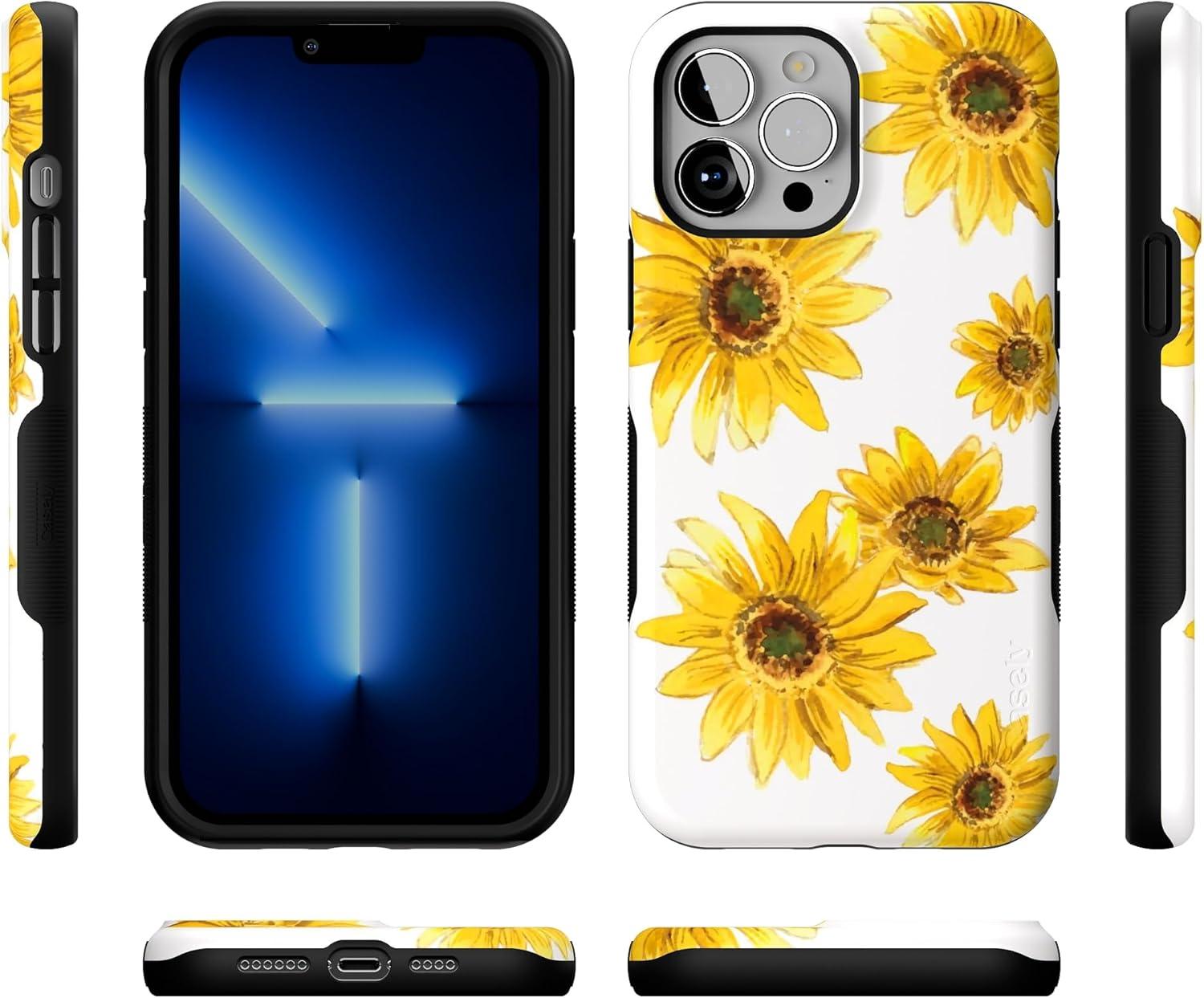 imageCasely iPhone 13 Pro Max Case Falling for You Plum Floral Bold Protective Design Compatible with MagSafeGolden Garden Yellow Sunflower