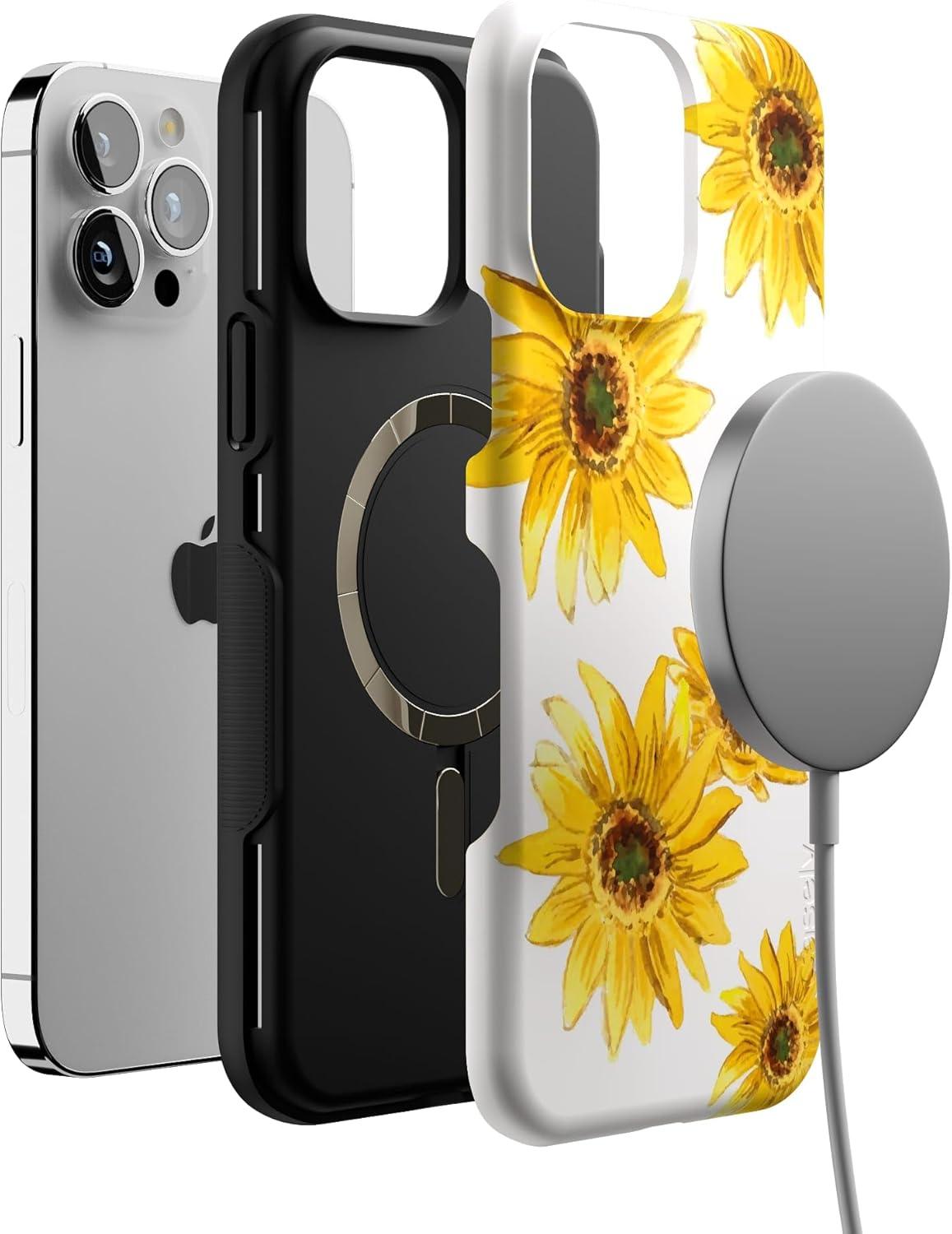 imageCasely iPhone 13 Pro Max Case Falling for You Plum Floral Bold Protective Design Compatible with MagSafeGolden Garden Yellow Sunflower