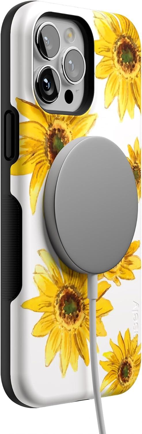 imageCasely iPhone 13 Pro Max Case Falling for You Plum Floral Bold Protective Design Compatible with MagSafeGolden Garden Yellow Sunflower