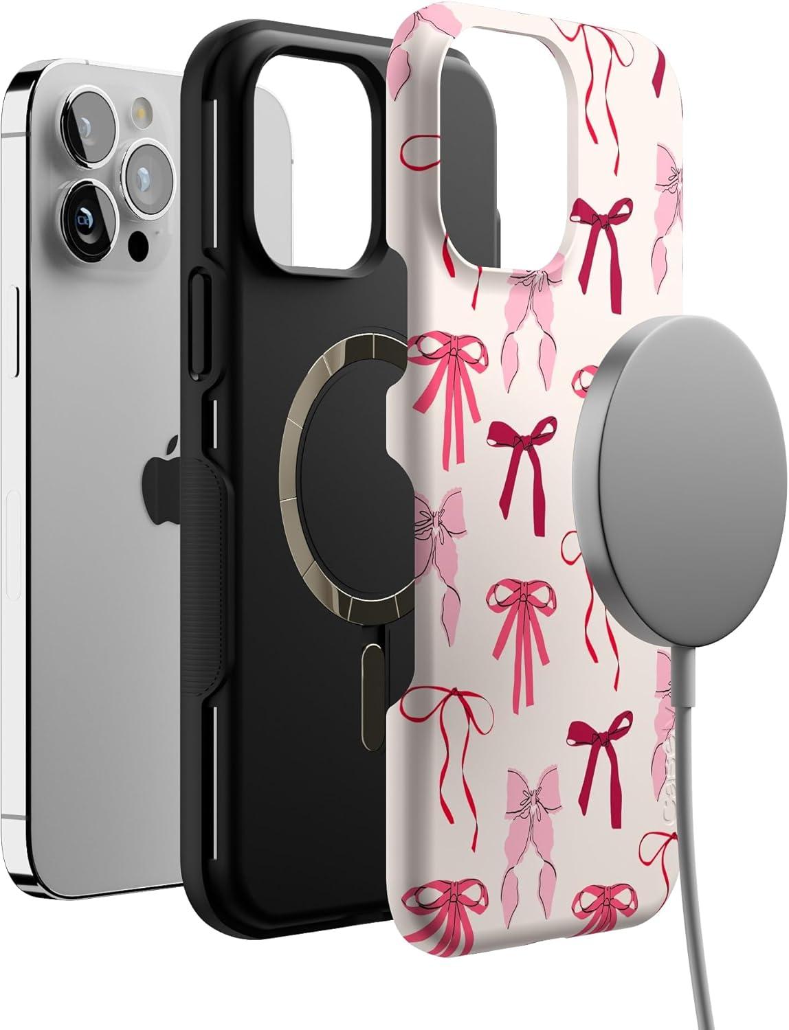 imageCasely iPhone 13 Pro Max Case Falling for You Plum Floral Bold Protective Design Compatible with MagSafeLover Girlie Pink Bows