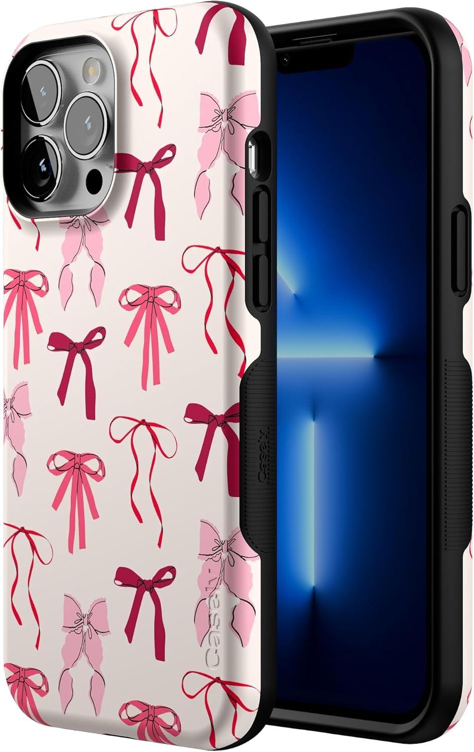 imageCasely iPhone 13 Pro Max Case Falling for You Plum Floral Bold Protective Design Compatible with MagSafeLover Girlie Pink Bows