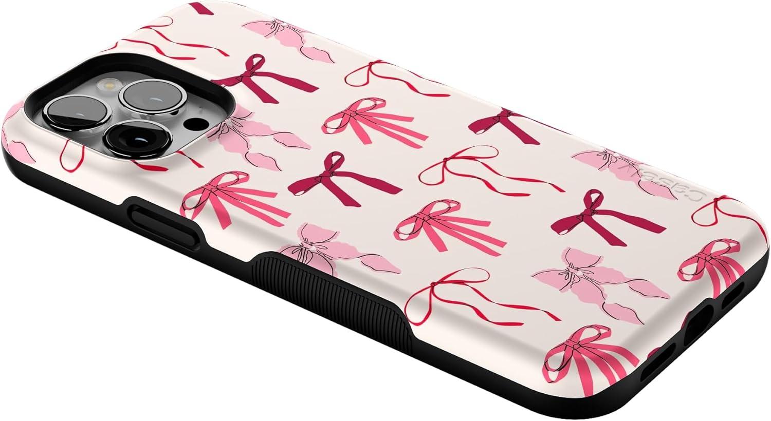 imageCasely iPhone 13 Pro Max Case Falling for You Plum Floral Bold Protective Design Compatible with MagSafeLover Girlie Pink Bows