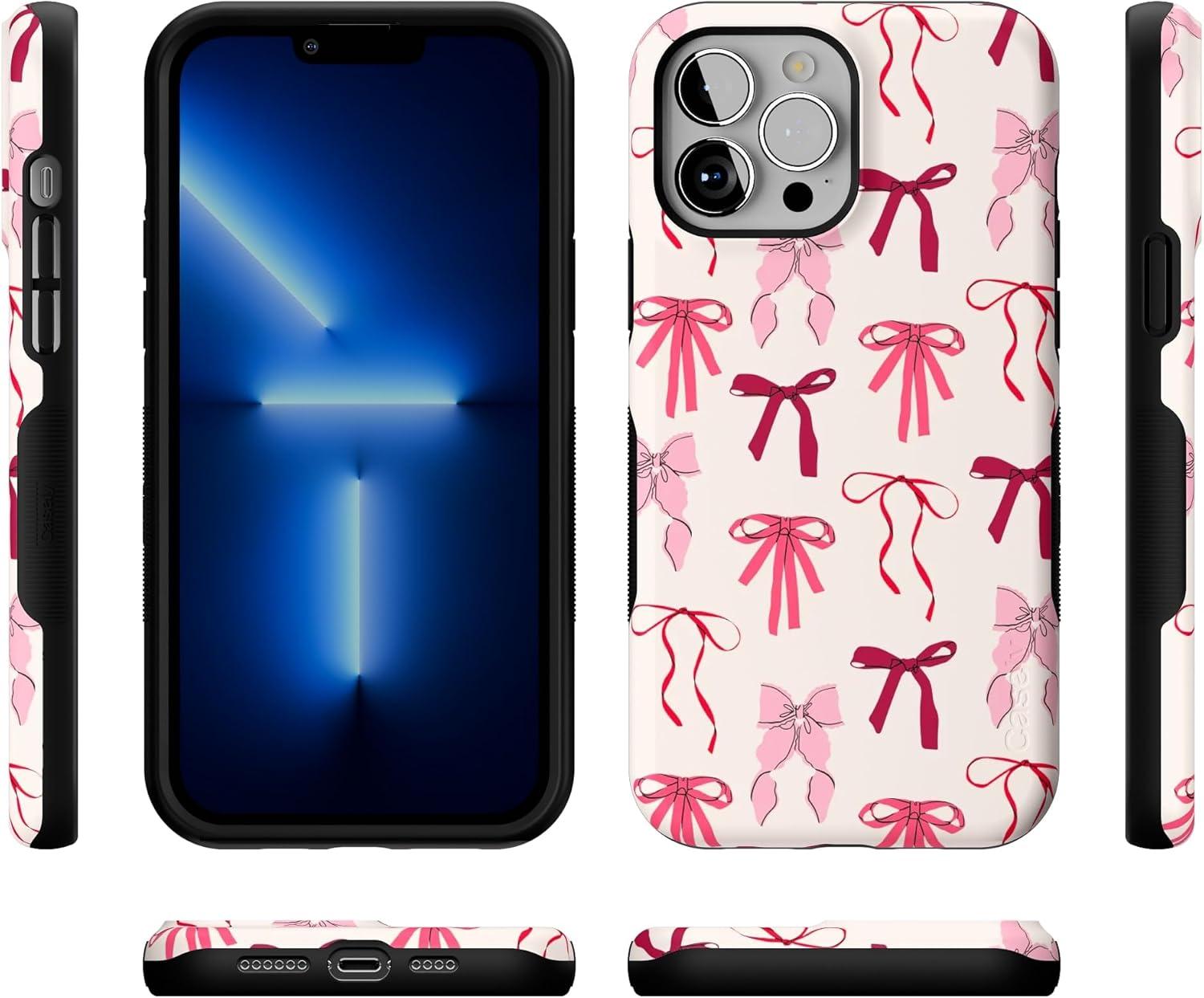 imageCasely iPhone 13 Pro Max Case Falling for You Plum Floral Bold Protective Design Compatible with MagSafeLover Girlie Pink Bows