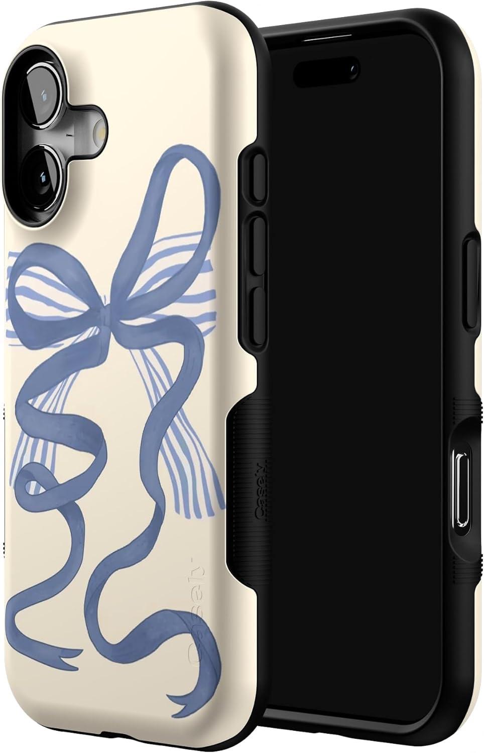 imageCasely iPhone 17 Case Into The Wild White Snow Leopard Bold Protective Design Compatible with MagSafeHeartstrings Blue Bow