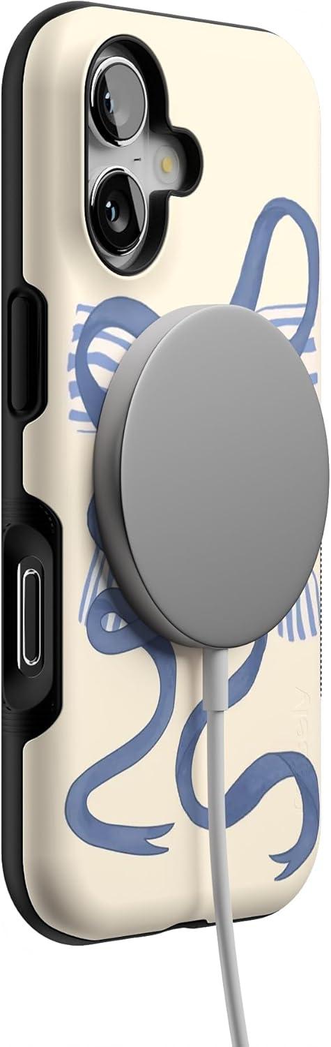 imageCasely iPhone 17 Case Into The Wild White Snow Leopard Bold Protective Design Compatible with MagSafeHeartstrings Blue Bow