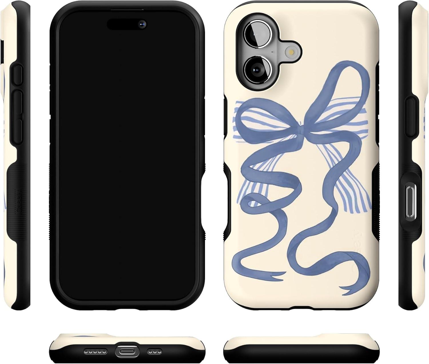 imageCasely iPhone 17 Case Into The Wild White Snow Leopard Bold Protective Design Compatible with MagSafeHeartstrings Blue Bow