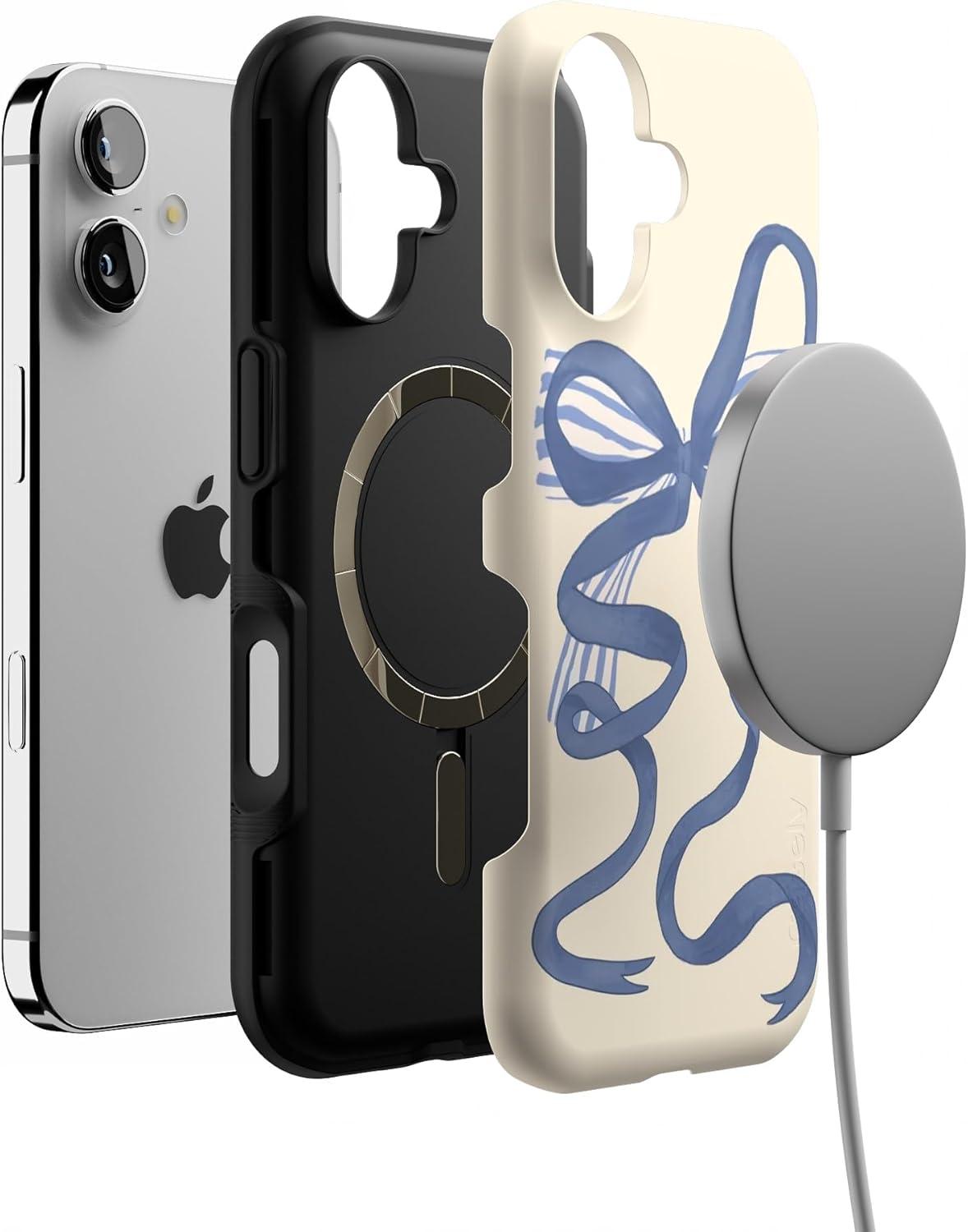 imageCasely iPhone 17 Case Into The Wild White Snow Leopard Bold Protective Design Compatible with MagSafeHeartstrings Blue Bow