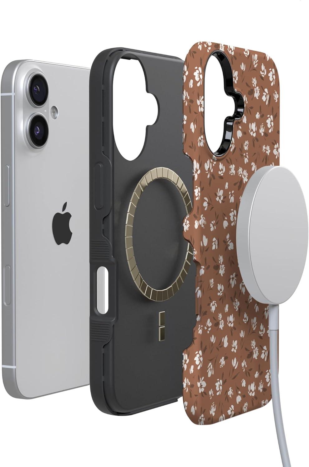 imageCasely iPhone 17 Case Into The Wild White Snow Leopard Bold Protective Design Compatible with MagSafeMocha Meadow Tiny Flowers