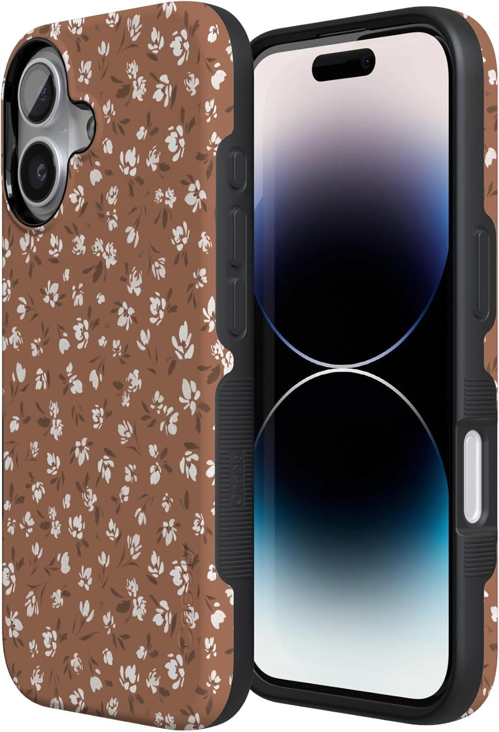 imageCasely iPhone 17 Case Into The Wild White Snow Leopard Bold Protective Design Compatible with MagSafeMocha Meadow Tiny Flowers