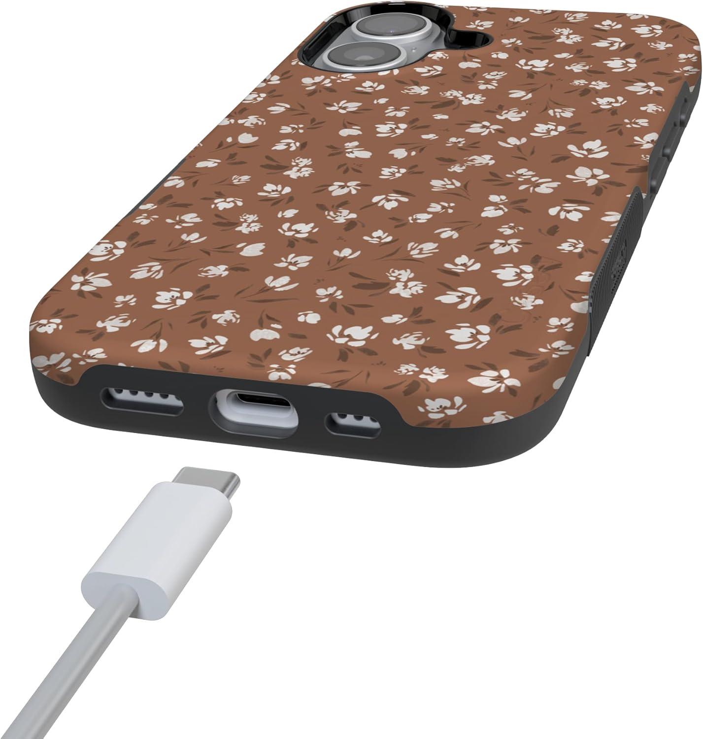 imageCasely iPhone 17 Case Into The Wild White Snow Leopard Bold Protective Design Compatible with MagSafeMocha Meadow Tiny Flowers