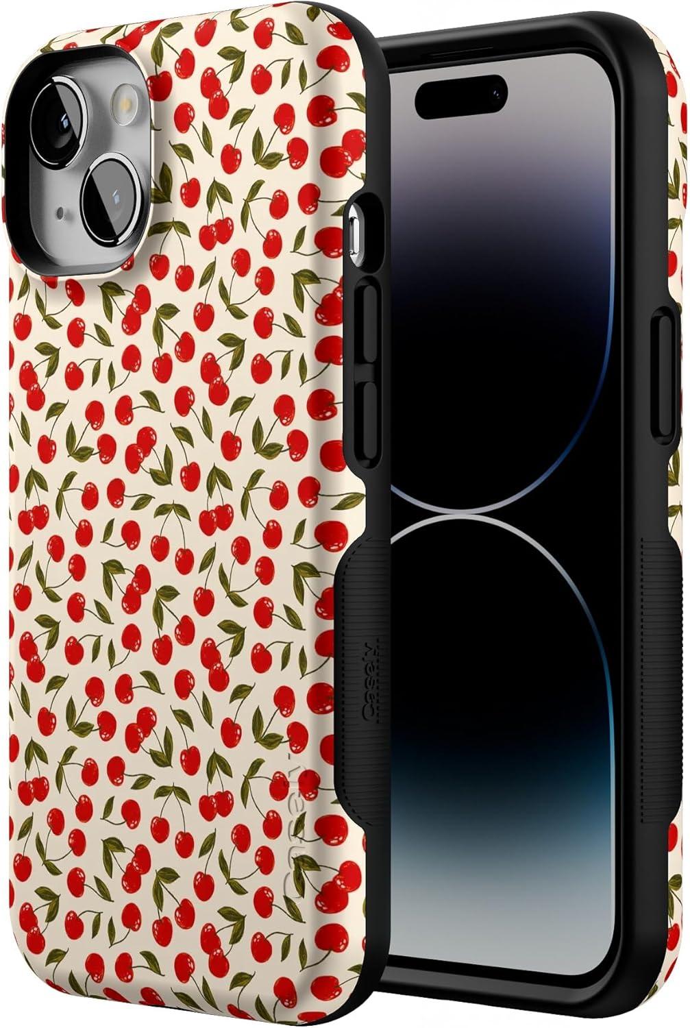 imageCasely iPhone 14 Case Blue Stripes Sunday Best Bold Protective Design Compatible with MagSafeCherry on Top Red Cherries Floral