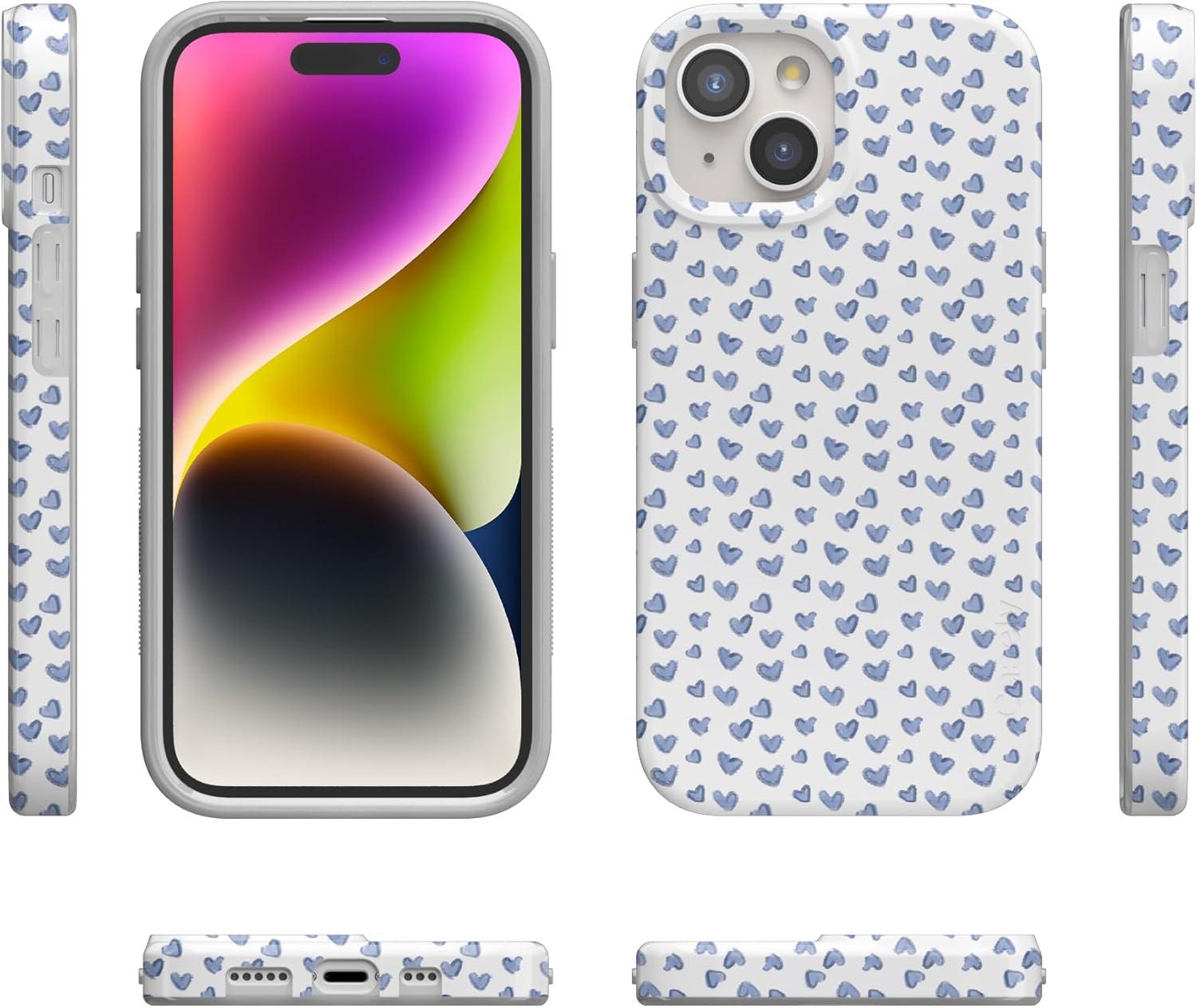 imageCasely iPhone 15 Case Hanging Around Potted Plants Floral Compatible with MagSafe Classic Ultra Thin DesignLovebug Blue Hearts