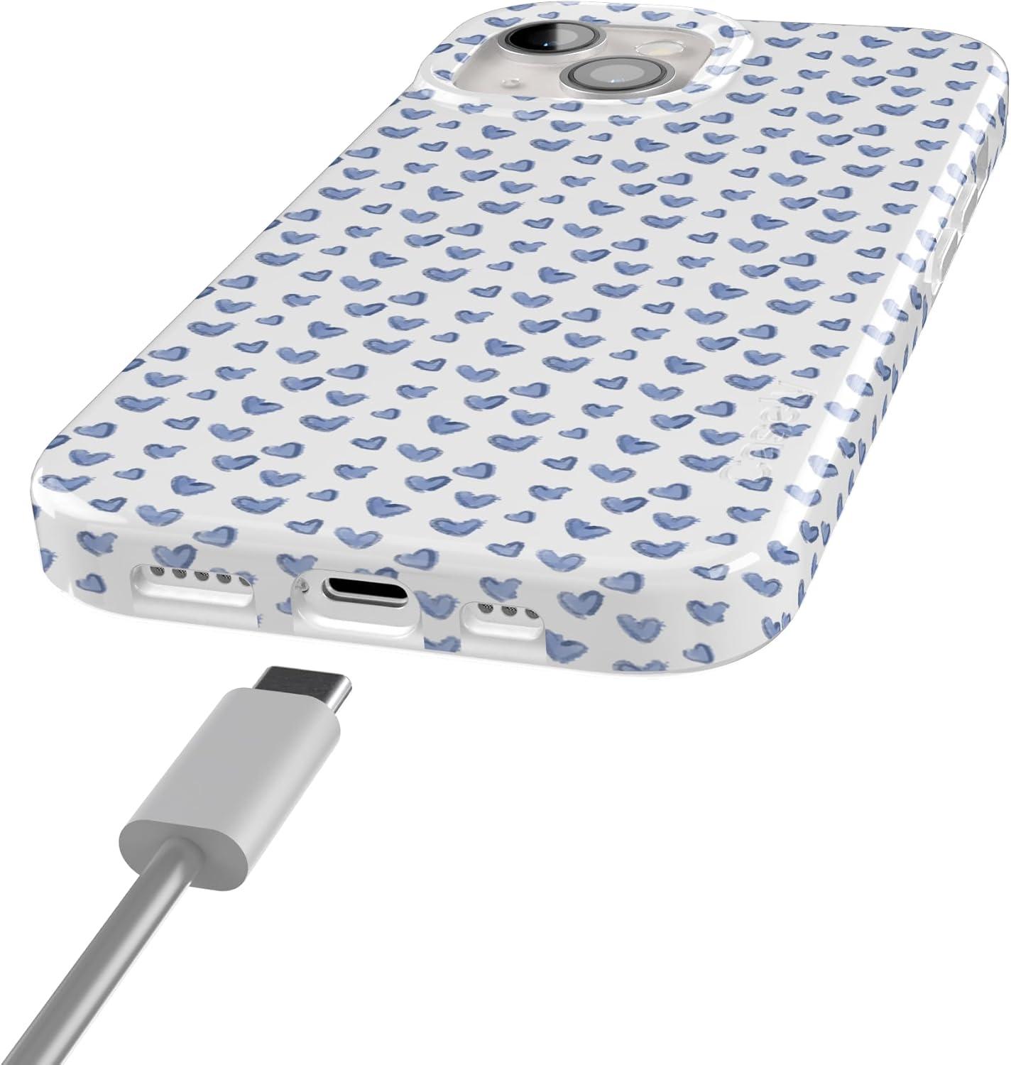 imageCasely iPhone 15 Case Hanging Around Potted Plants Floral Compatible with MagSafe Classic Ultra Thin DesignLovebug Blue Hearts