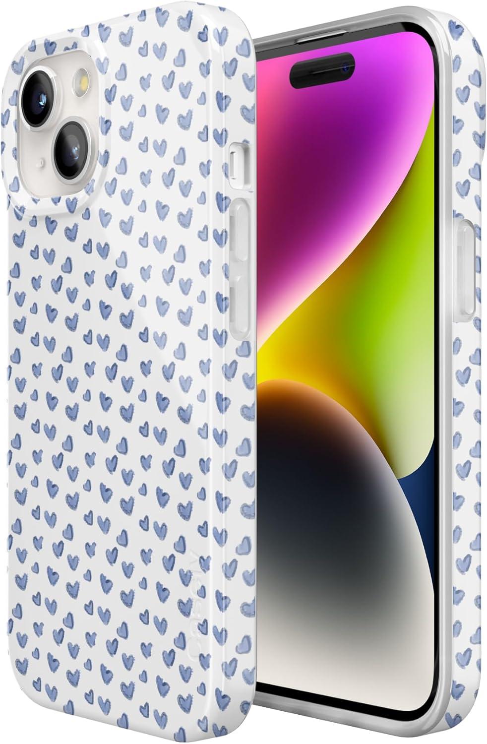 imageCasely iPhone 15 Case Hanging Around Potted Plants Floral Compatible with MagSafe Classic Ultra Thin DesignLovebug Blue Hearts