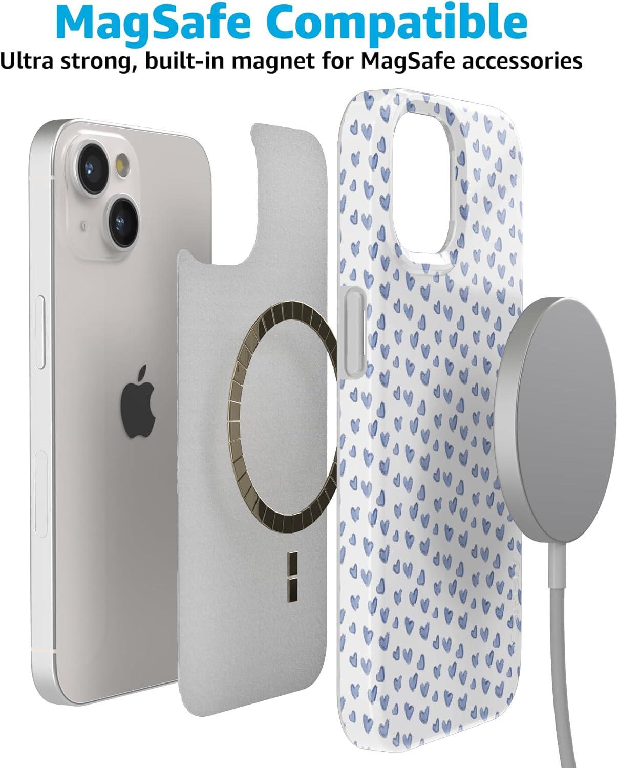 imageCasely iPhone 15 Case Hanging Around Potted Plants Floral Compatible with MagSafe Classic Ultra Thin DesignLovebug Blue Hearts