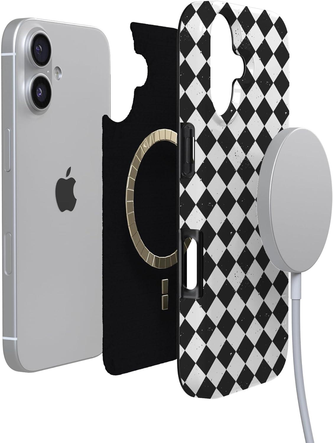 imageCasely iPhone 17 Case Full Bloom Navy Floral Compatible with MagSafe Classic Ultra Thin DesignHarlequin Salem Diamond Black and White