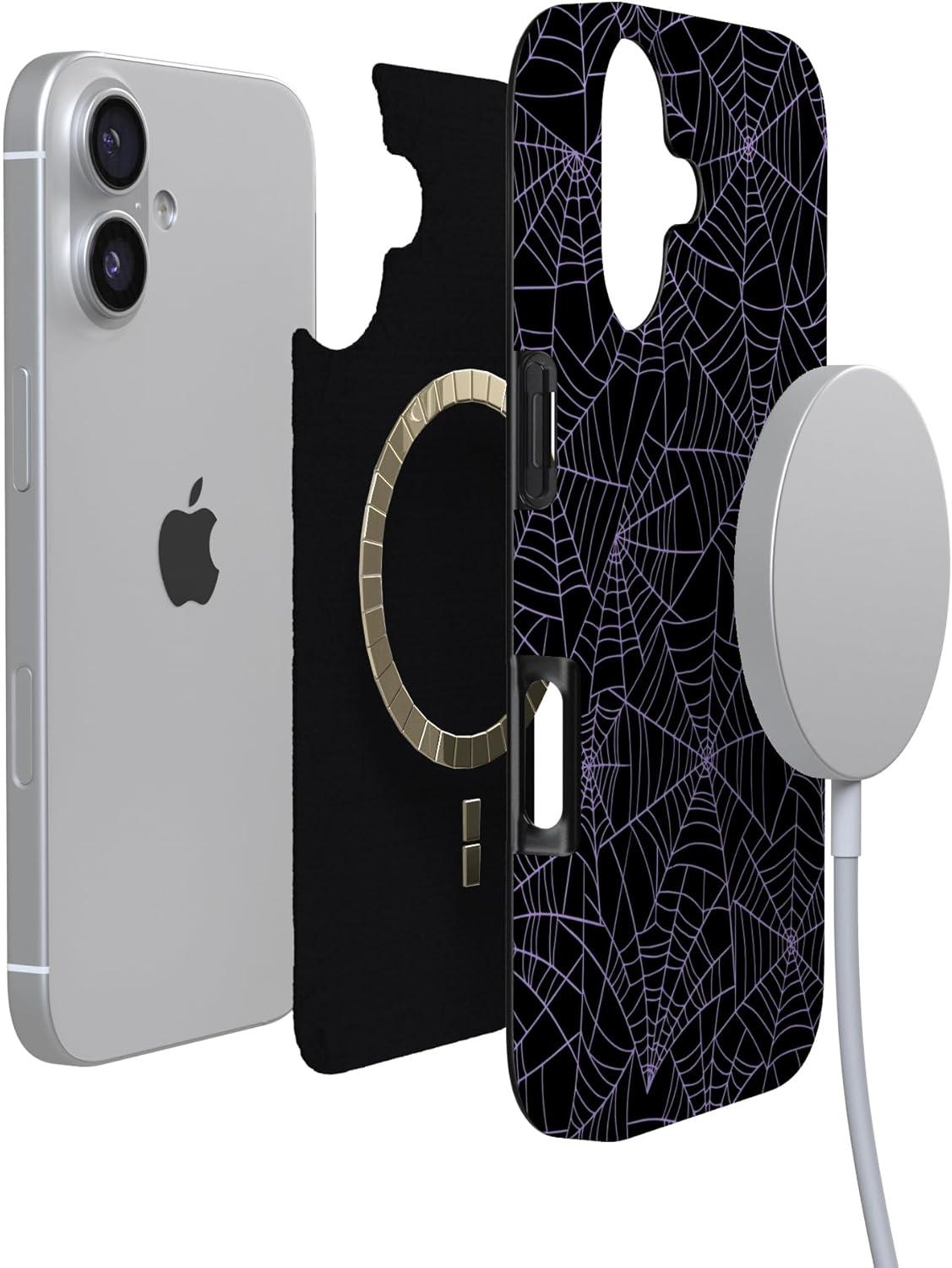 imageCasely iPhone 17 Case Full Bloom Navy Floral Compatible with MagSafe Classic Ultra Thin DesignMidnight Web Spider Web