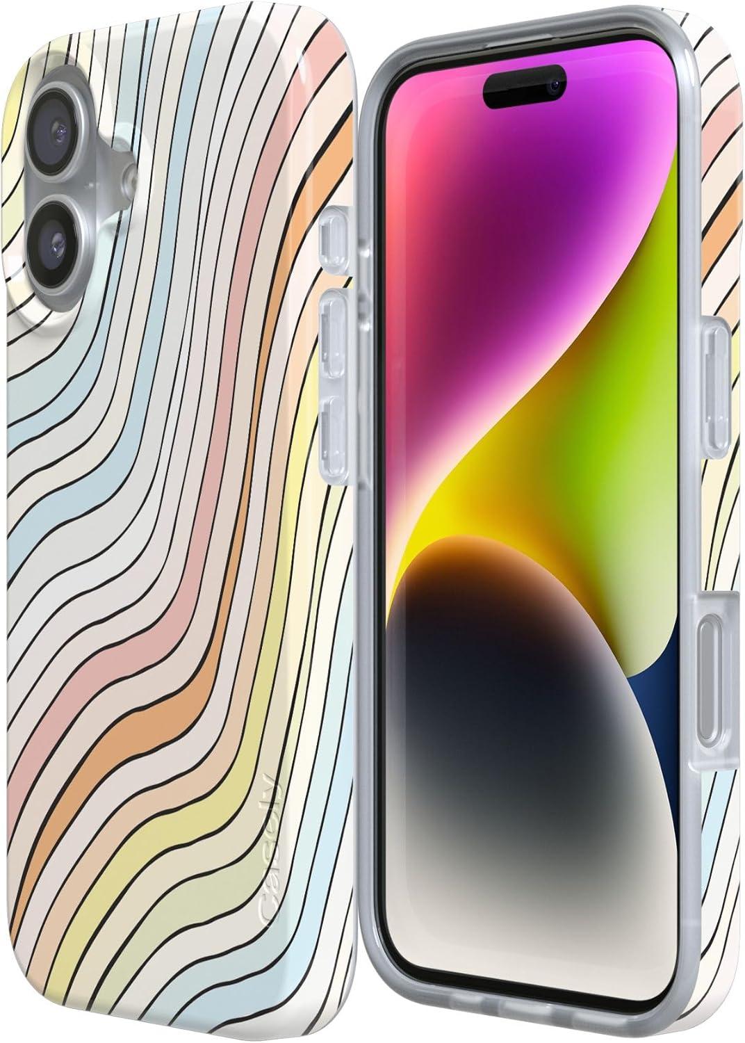 imageCasely iPhone 17 Case Full Bloom Navy Floral Compatible with MagSafe Classic Ultra Thin DesignRide The Wave Pastel Rainbow Lined