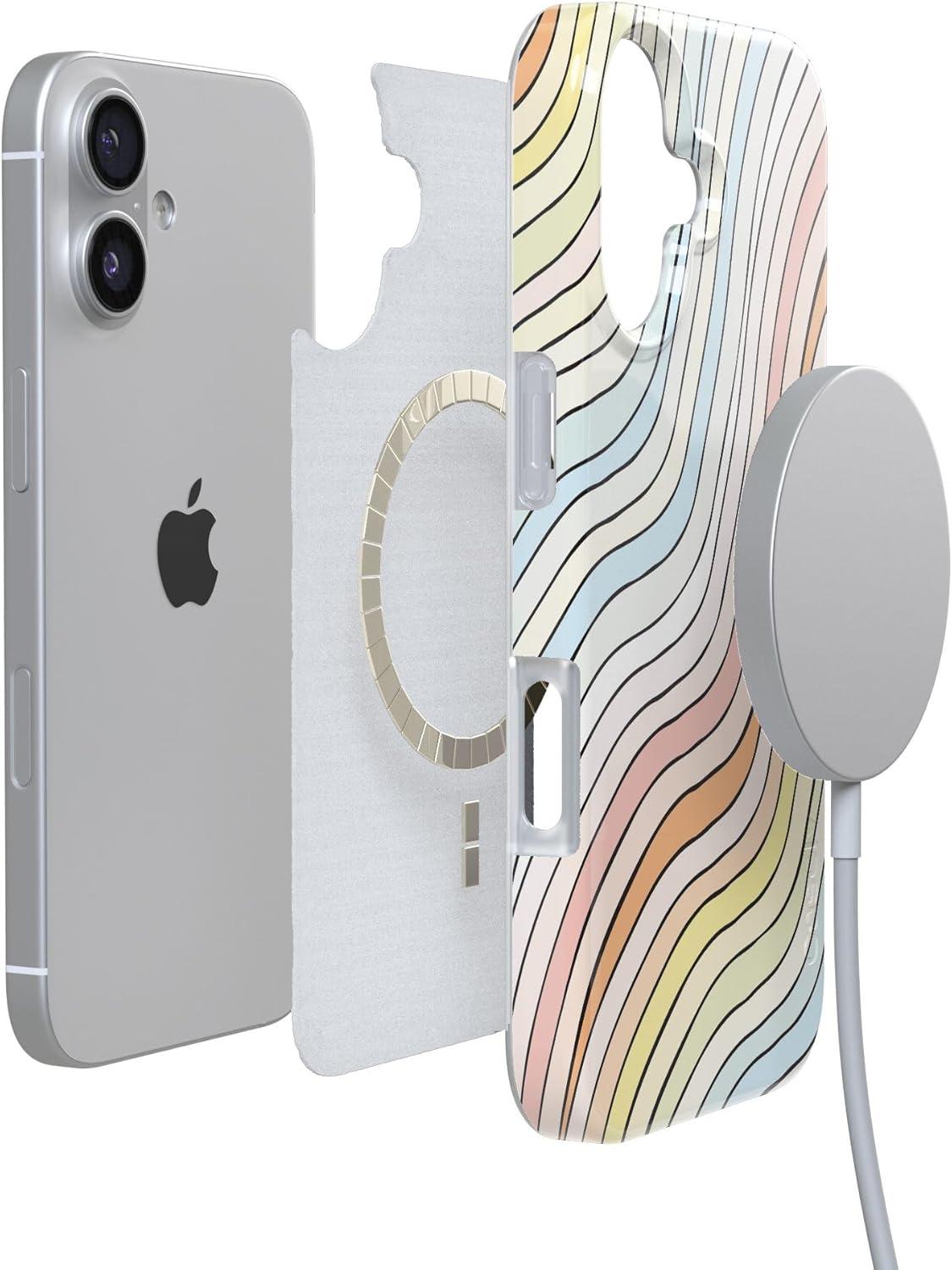 imageCasely iPhone 17 Case Full Bloom Navy Floral Compatible with MagSafe Classic Ultra Thin DesignRide The Wave Pastel Rainbow Lined