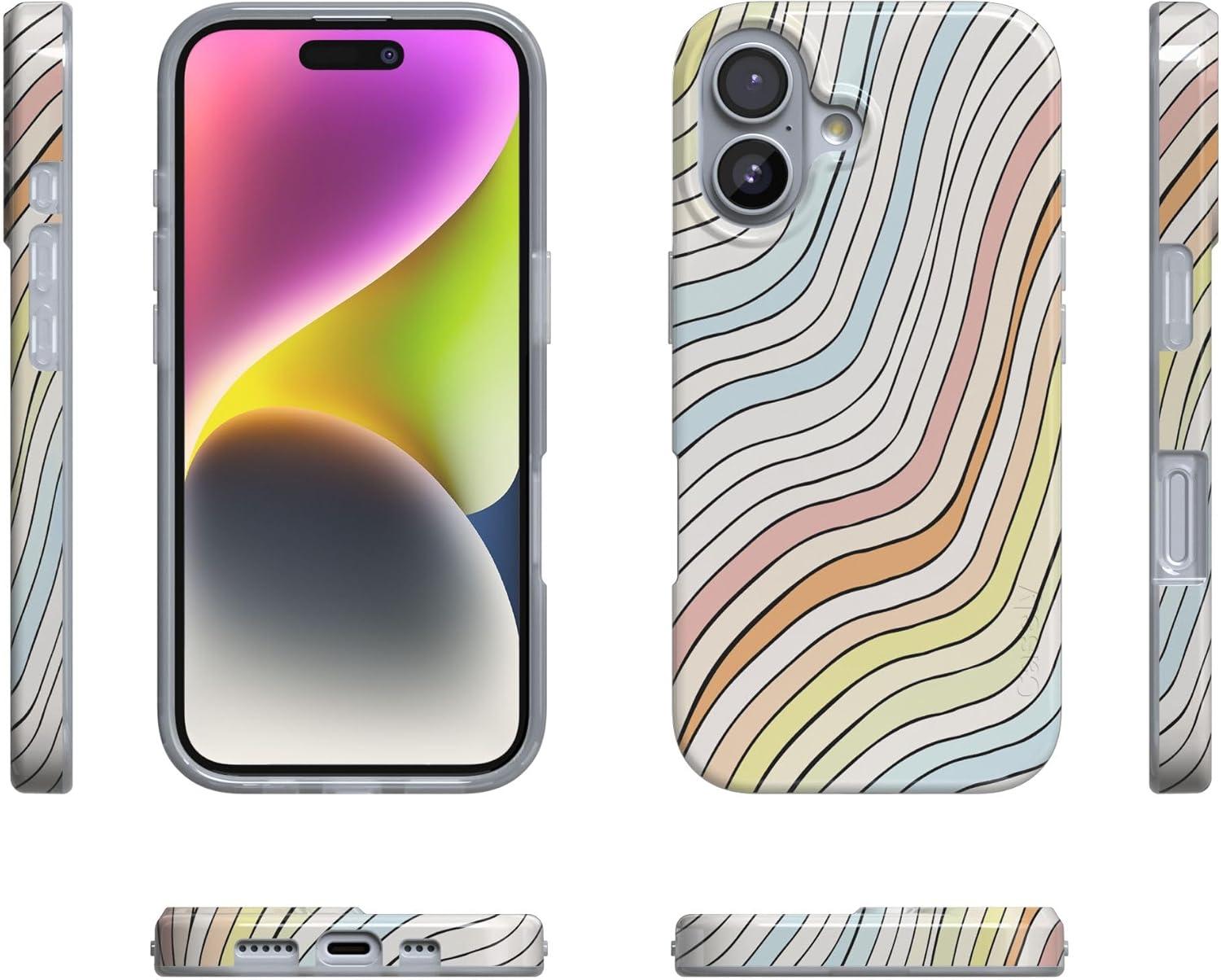 imageCasely iPhone 17 Case Full Bloom Navy Floral Compatible with MagSafe Classic Ultra Thin DesignRide The Wave Pastel Rainbow Lined