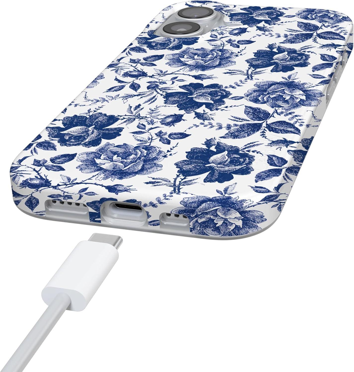 imageCasely iPhone 17 Case Full Bloom Navy Floral Compatible with MagSafe Classic Ultra Thin DesignRose to Fame Blue White Rose Floral