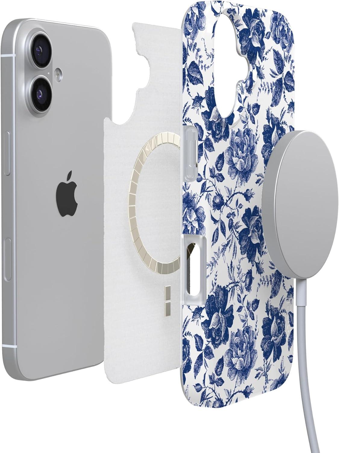 imageCasely iPhone 17 Case Full Bloom Navy Floral Compatible with MagSafe Classic Ultra Thin DesignRose to Fame Blue White Rose Floral